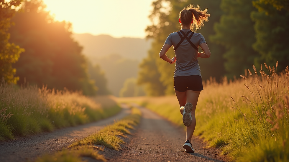 Eye-level view of a fitness enthusiast jogging on a scenic trail