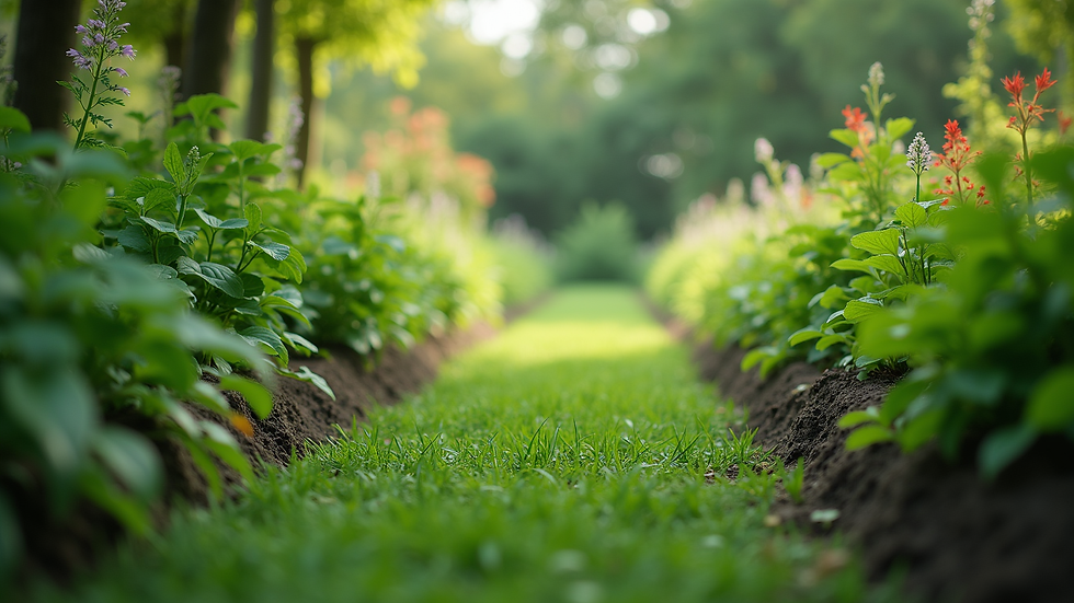 Eye-level view of a lush green garden with diverse plants