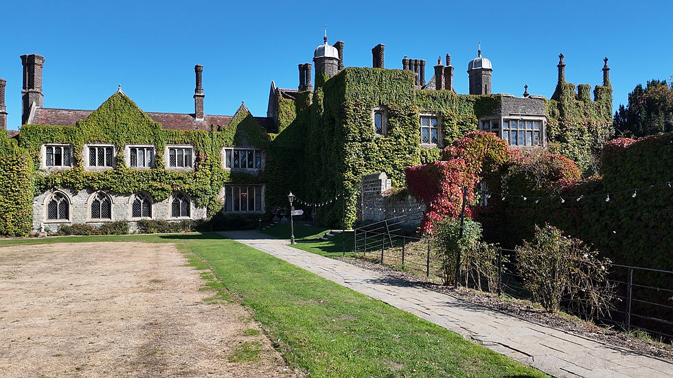 Ivy-covered historic manor with tall chimneys and leaded windows, set beside a stone path under a bright blue sky.