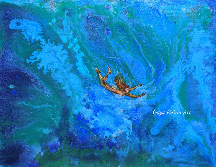 a painting of a woman deep diving in the blue ocean