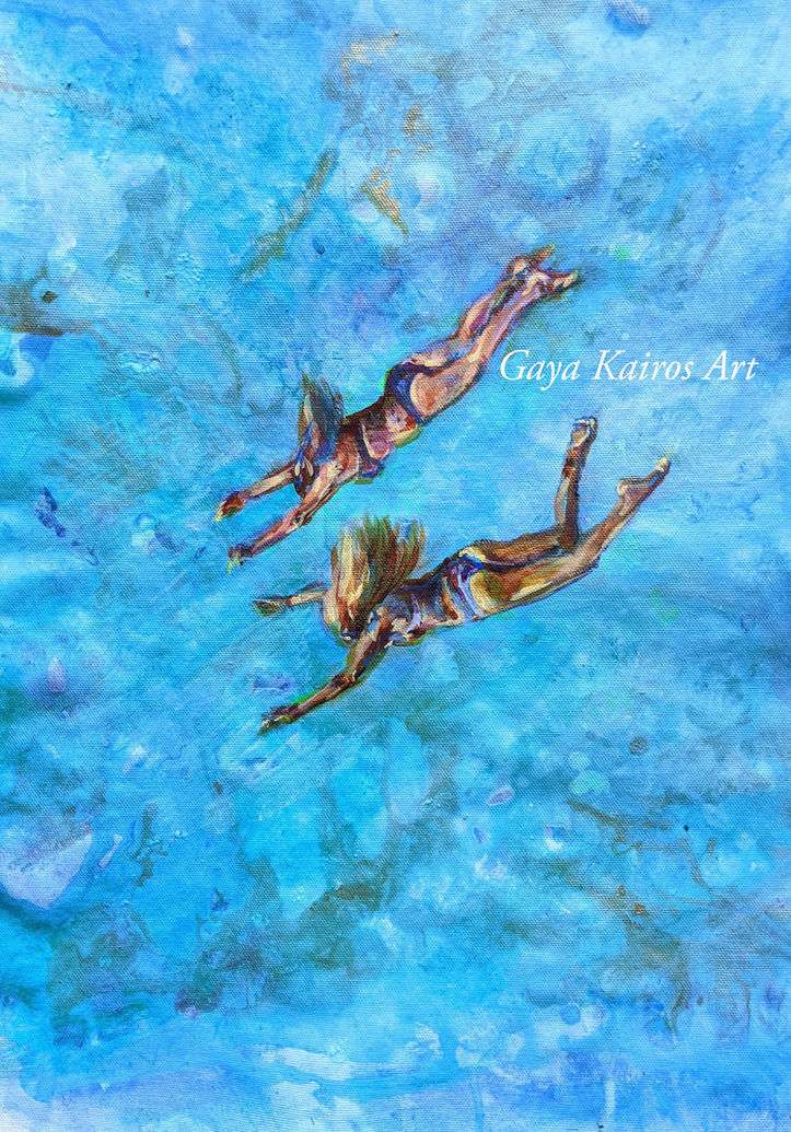 A painting of two women jumping into the sea