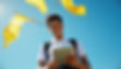 Smiling student holds tablet, yellow flags flutter