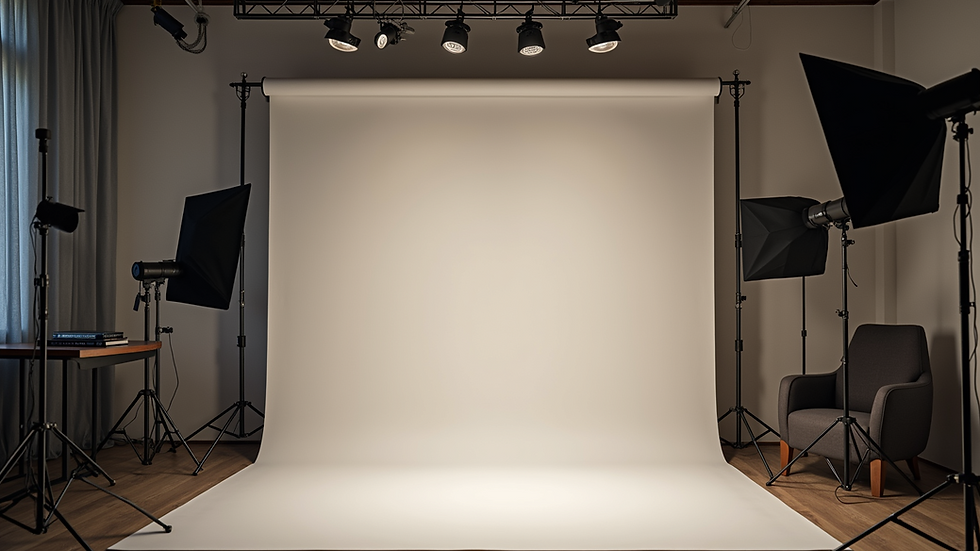 Eye-level view of a fashion photoshoot setup with a stylish backdrop