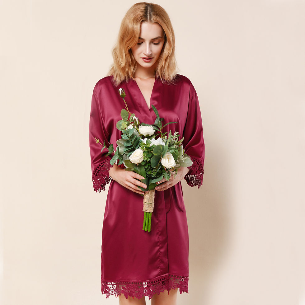 Thumbnail: Lace Satin Embroidered Robe - Burgundy