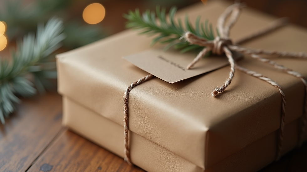 Eye-level view of a neatly wrapped gift box with a handmade tag