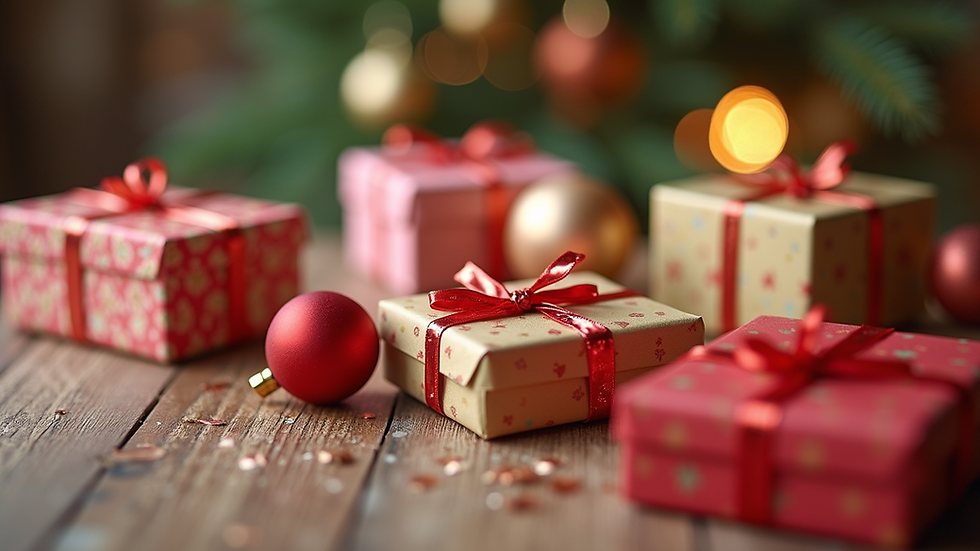 Close-up view of a beautifully arranged gift table with colorful wrapping