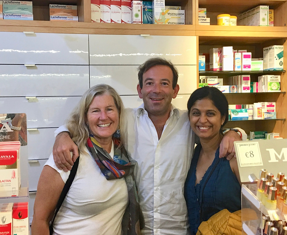 Siri Kay Jostad of Wander Away with Siri Kay and Vaishali Patel of Sanskar Teaching with Carlo Montefusco of Parafarmacia Positano Italy