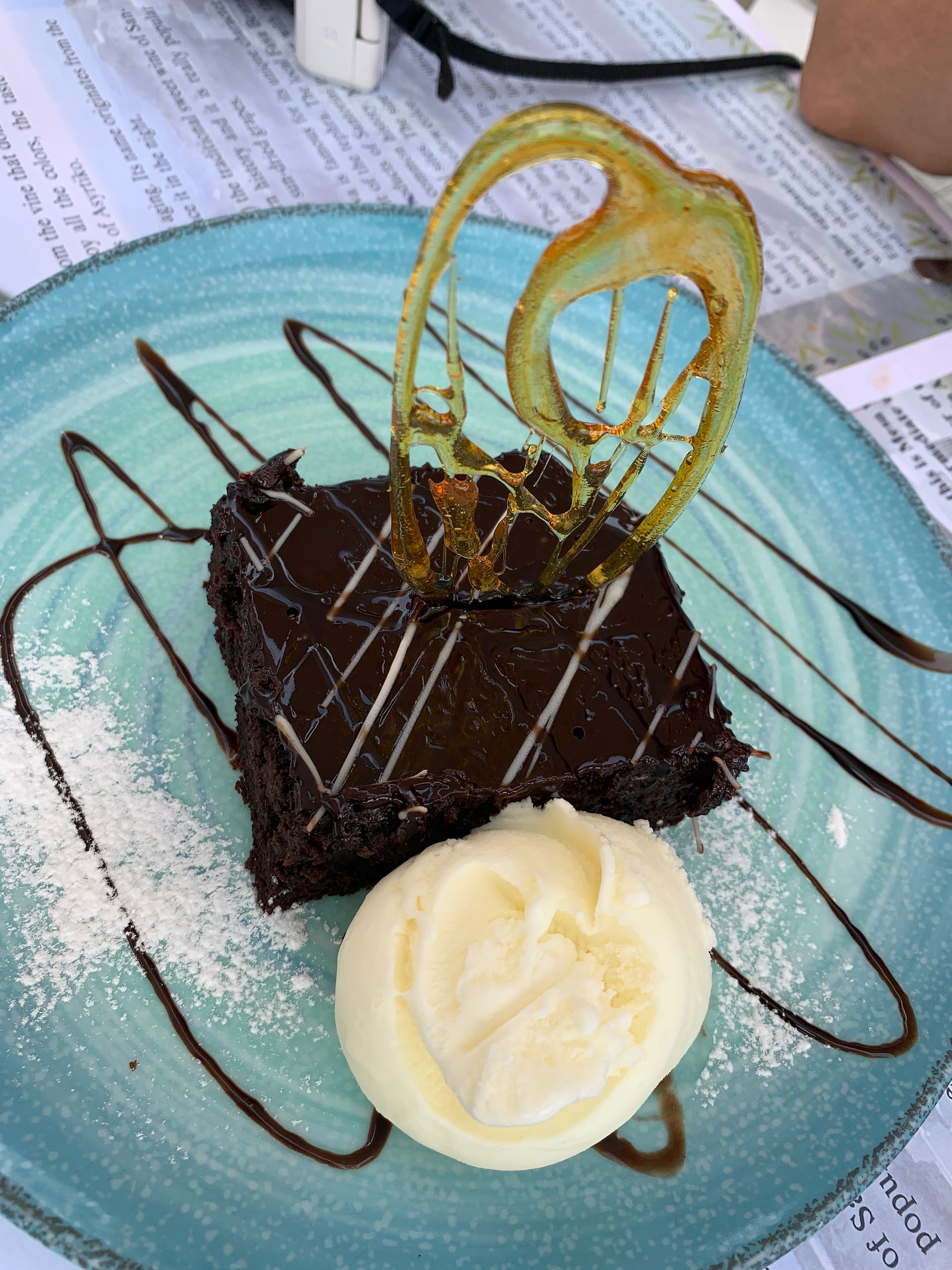 Chocolate cake dessert at Pelekanos Restaurant in Oia Santorini Greece