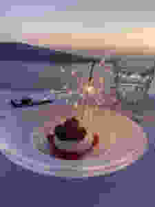 Volcano Surprise dessert at Fenari Villas and Restaurant in Oia Santorini Greece