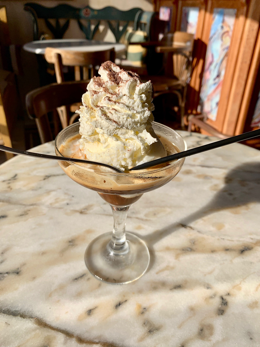 Affogato (ice cream with espresso) served at Meteor Cafe Oia Santorini Greece