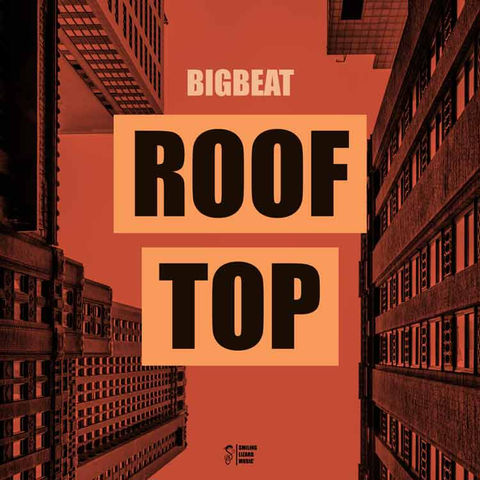 Im Zentrum des Bildes steht der Schriftzug "Rooftop". Die Farben sind Orange und Schwarz. Es sind Hochhäuser im Stil der 20er Jahre zu sehen, die von unten nach oben fotografiert sind.