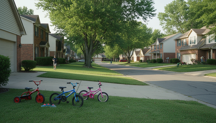 Wide-angle view of a quiet residential street with homes, sidewalks, and children’s bicycles near a driveway.