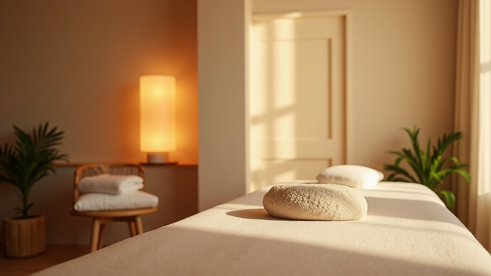 Eye-level view of a serene spa room with massage table and soft lighting