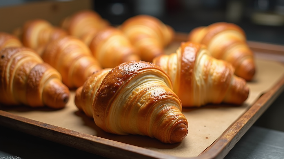 Close-up view of golden flaky croissants on a bakery tray