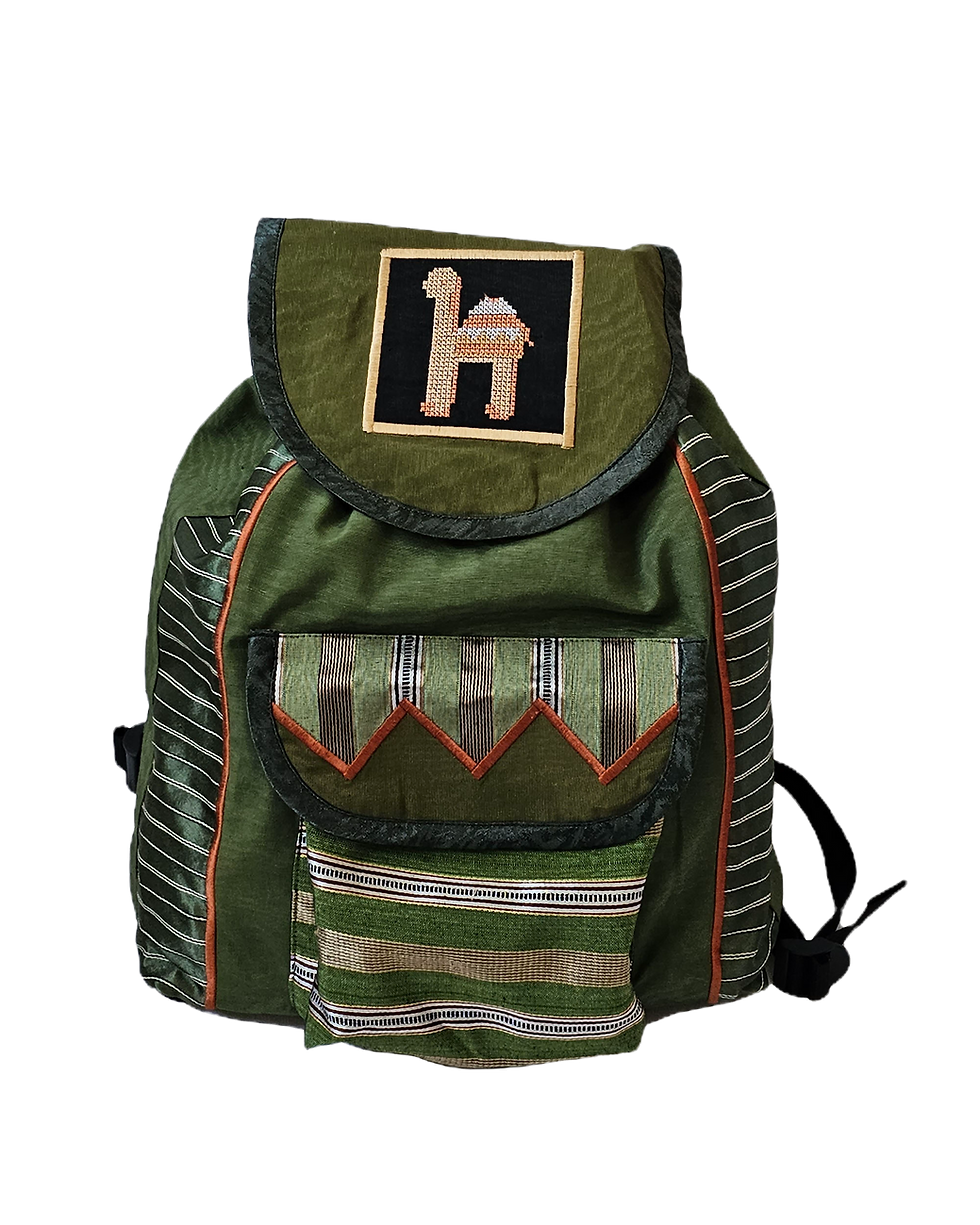 Thumbnail: Large patchwork backpack in saya and jacquard fabric with embroidered camel motif