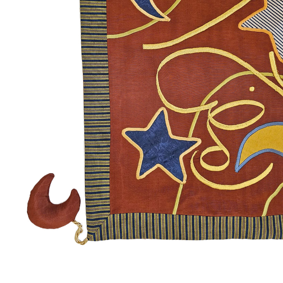 Thumbnail: Embroidered Ramadan table runner with stars and crescents in red.