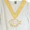 Thumbnail: White cotton towel poncho kaftan with embroidered fish motif and saya collar detail in gold