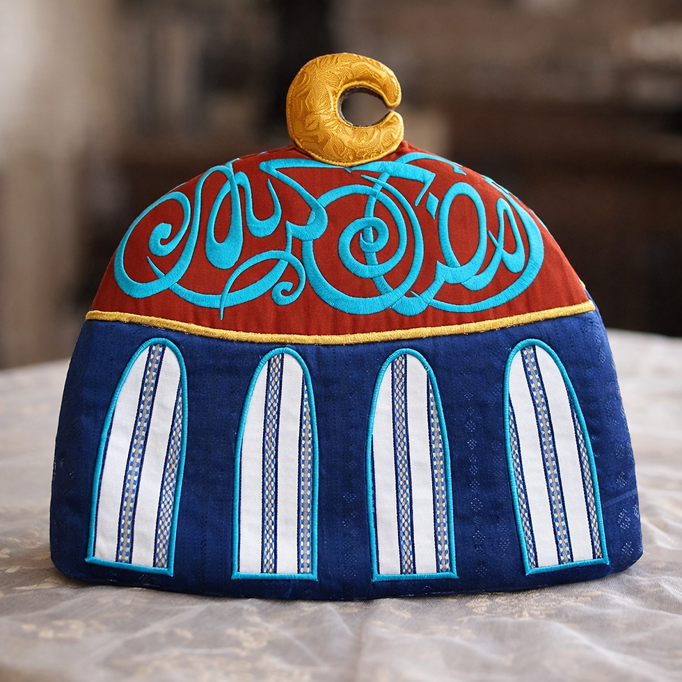 Embroidered mosque shaped Ramadan tea cosy with Arabic calligraphy in navy blue.