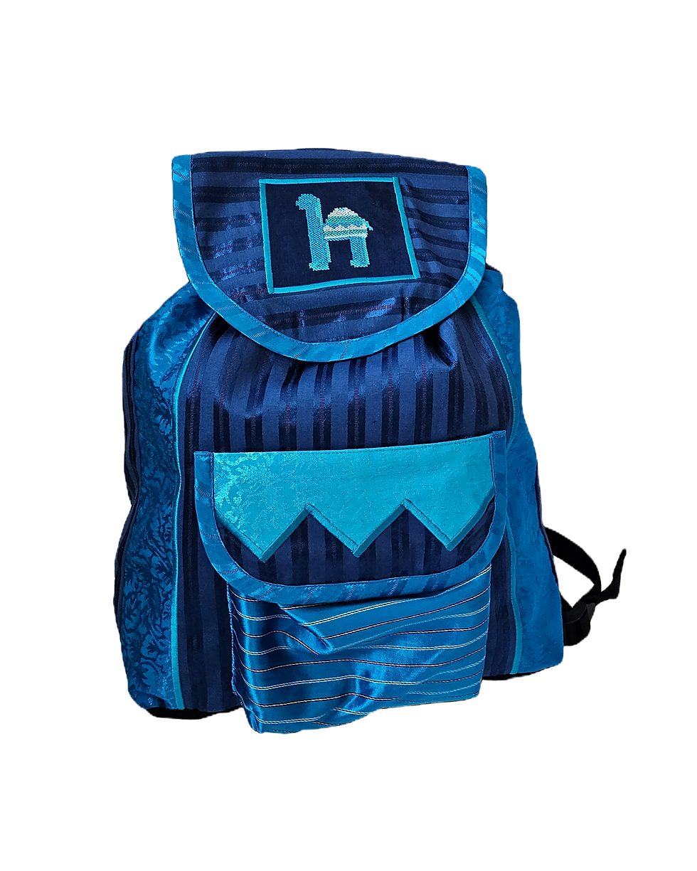 Thumbnail: Large Blue patchwork backpack in saya and jacquard fabric with embroidered camel motif
