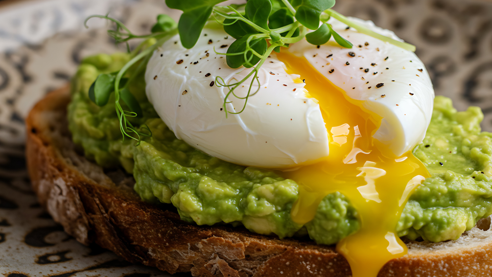 Ssmashed avocado on wholegrain toast, topped with a runny poached egg and pea shoots.
