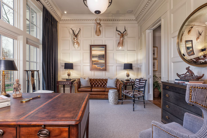 Formal home office with wood trim and classic millwork | Traditional home design in Greenville SC and Cashiers NC