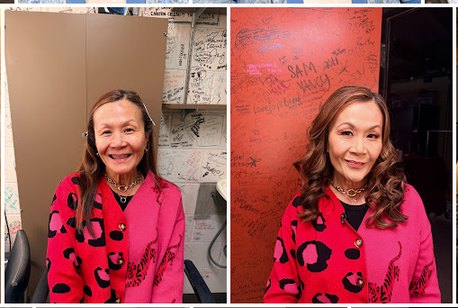 1. Black and pink abstract design logo.
2. Woman in pink patterned outfit, smiling.