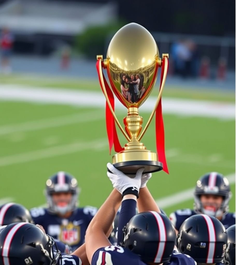 American football team holding a trophy after a win.