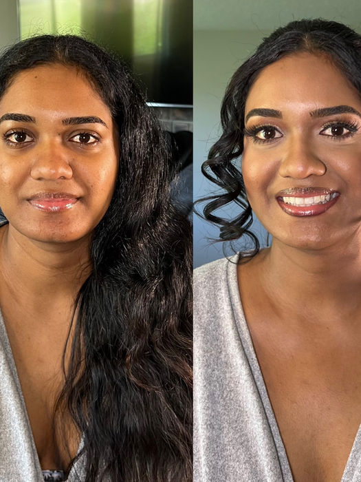 Before and after with long hair in an up-do