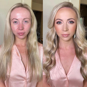 Woman before and after makeup and hair