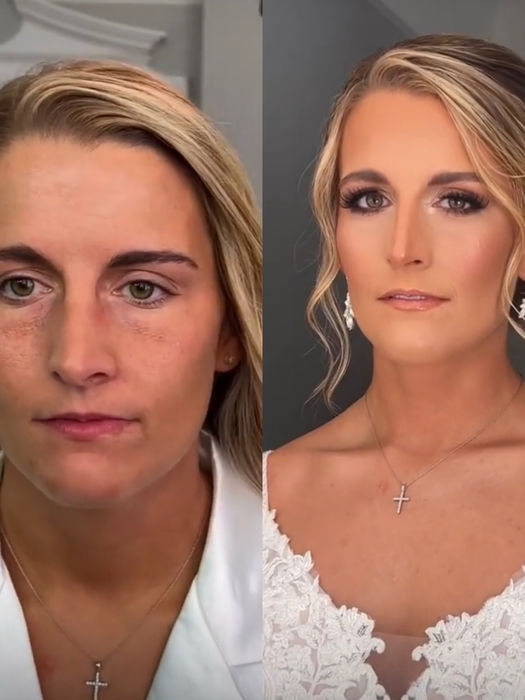 Woman's face before and after full wedding makeup and hair styling