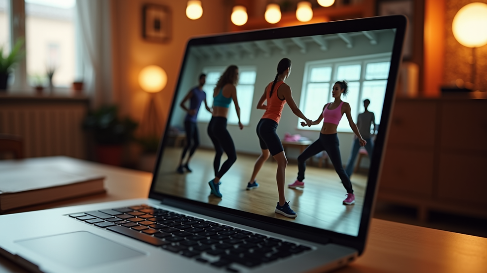 Close-up view of a laptop screen showing an online Zumba class in progress
