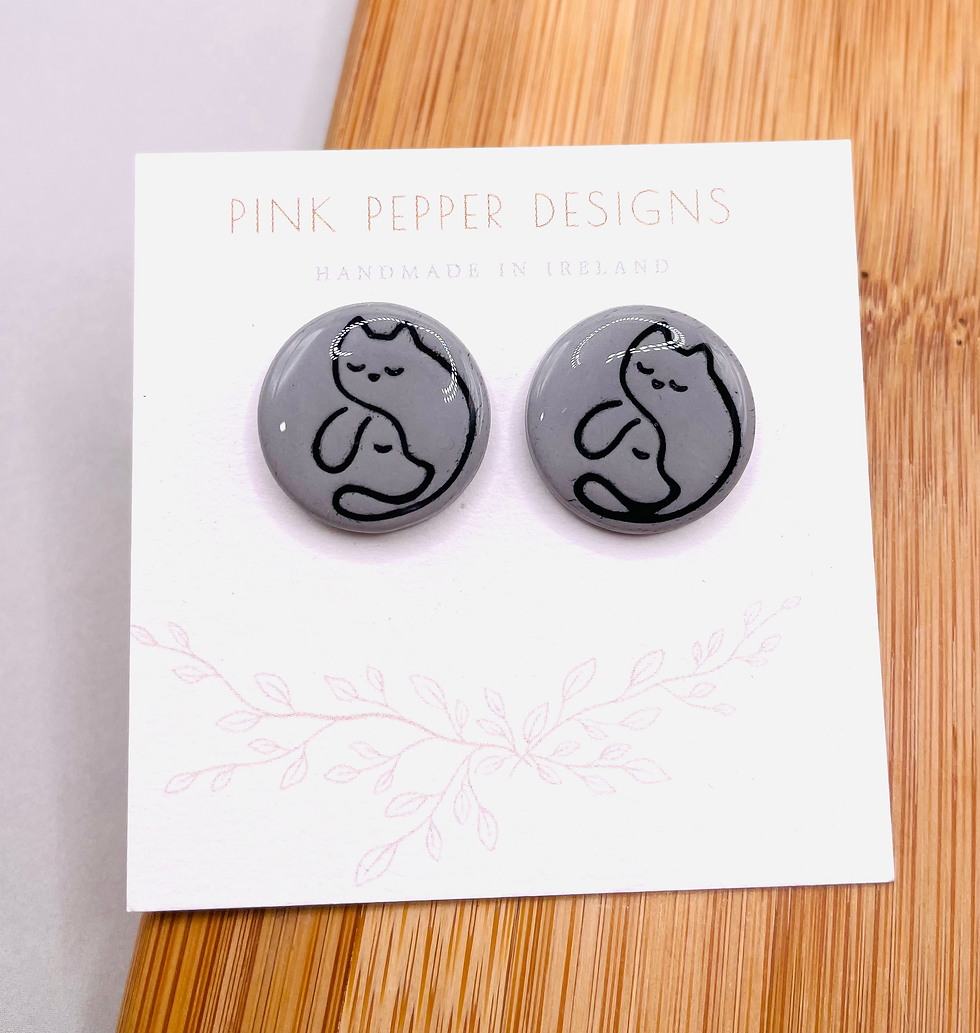 Thumbnail: Grey Cat-Dog YinYang Stud Earrings