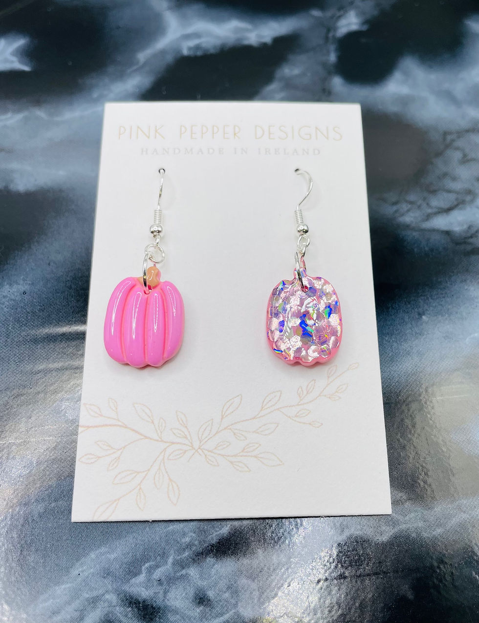 Thumbnail: Halloween Pumpkin Pink Dangle Earrings 