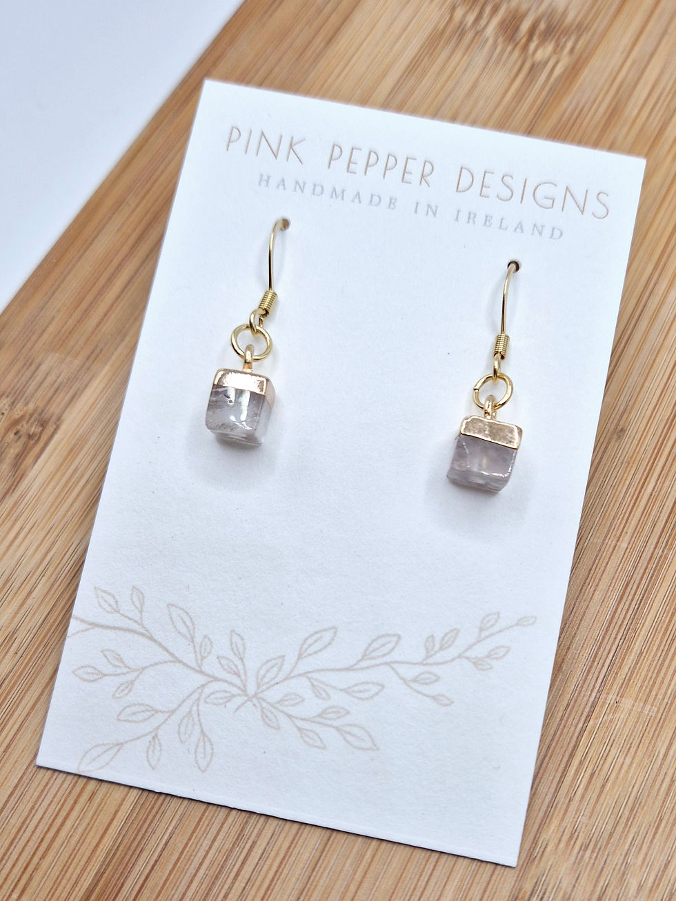 Thumbnail: Real Rose Quartz Crystal Cube Dangle Earrings 