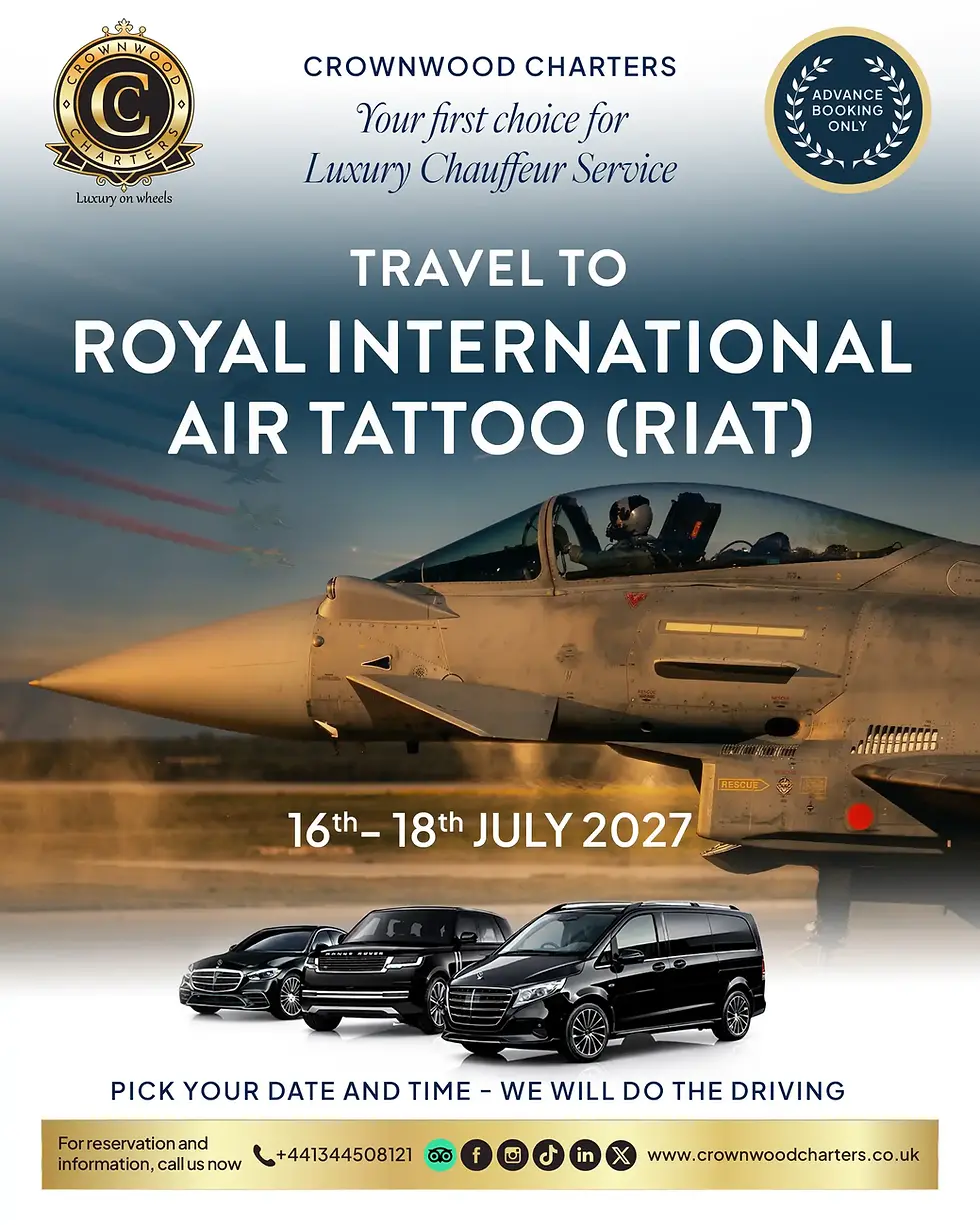 Crownwood Charters promotional poster for RIAT 2027 featuring a luxury Mercedes-Benz and Range Rover fleet for chauffeur services to the Royal International Air Tattoo.