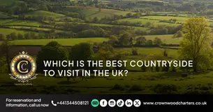 A banner showing a countryside in UK, Cotswolds. The banner also shows text with headline "Which is the best countryside to visit in the UK?"