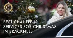 Elegant woman at London, going inside a chauffeur-driven car hire during Christmas