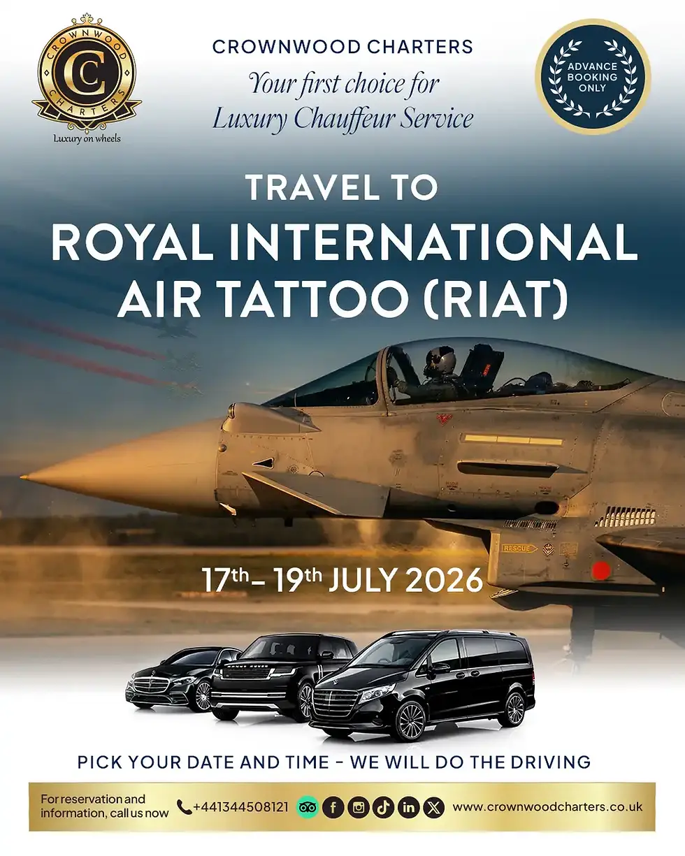 A promotional poster for chauffeur service to RIAT 2026 by Crownwood Charters.