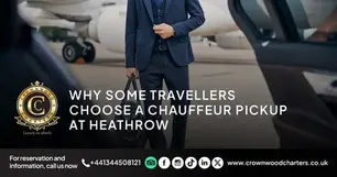 Business traveller arriving at Heathrow airport with luggage for chauffeur pickup.