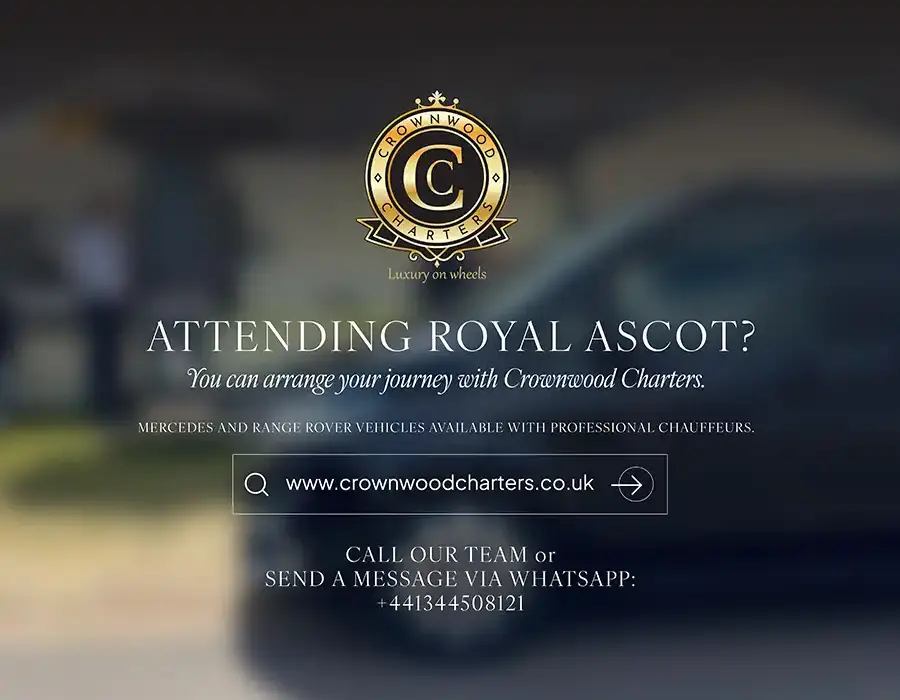 Promotional graphic for Crownwood Charters featuring the company logo and contact details for attending Royal Ascot with a professional chauffeur.