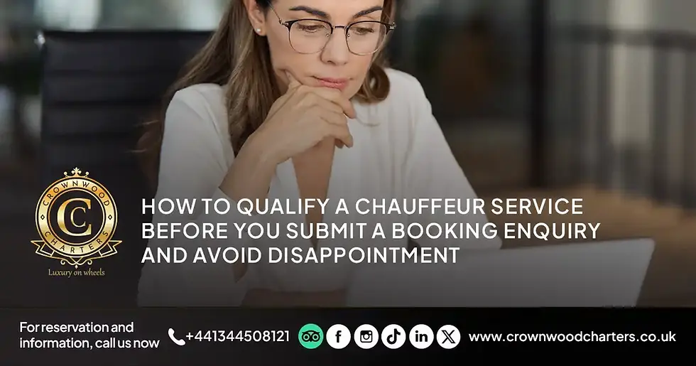 Executive assistant reviewing a chauffeur service booking enquiry on a laptop.