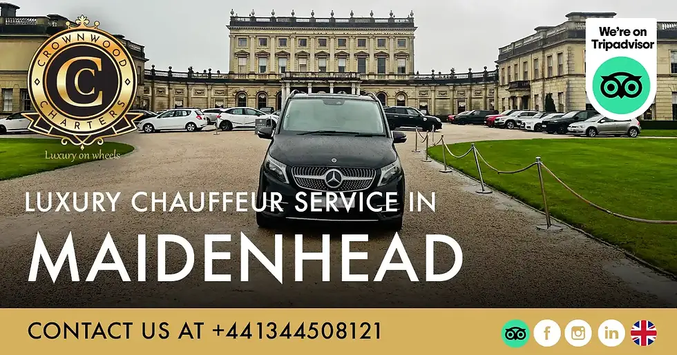 Luxury chauffeur service car in Maidenhead with Crownwood Charters providing premium airport transfers, business travel, and private hire across Berkshire.