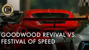 A close-up shot of the rear of a modern red supercar on a track, with the text "Goodwood Revival vs. Festival of Speed" overlaid.