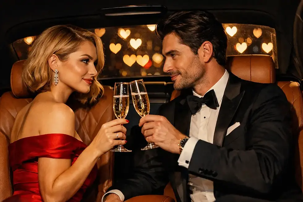 Couple enjoying champagne inside a luxury chauffeur-driven car on Valentine’s Day