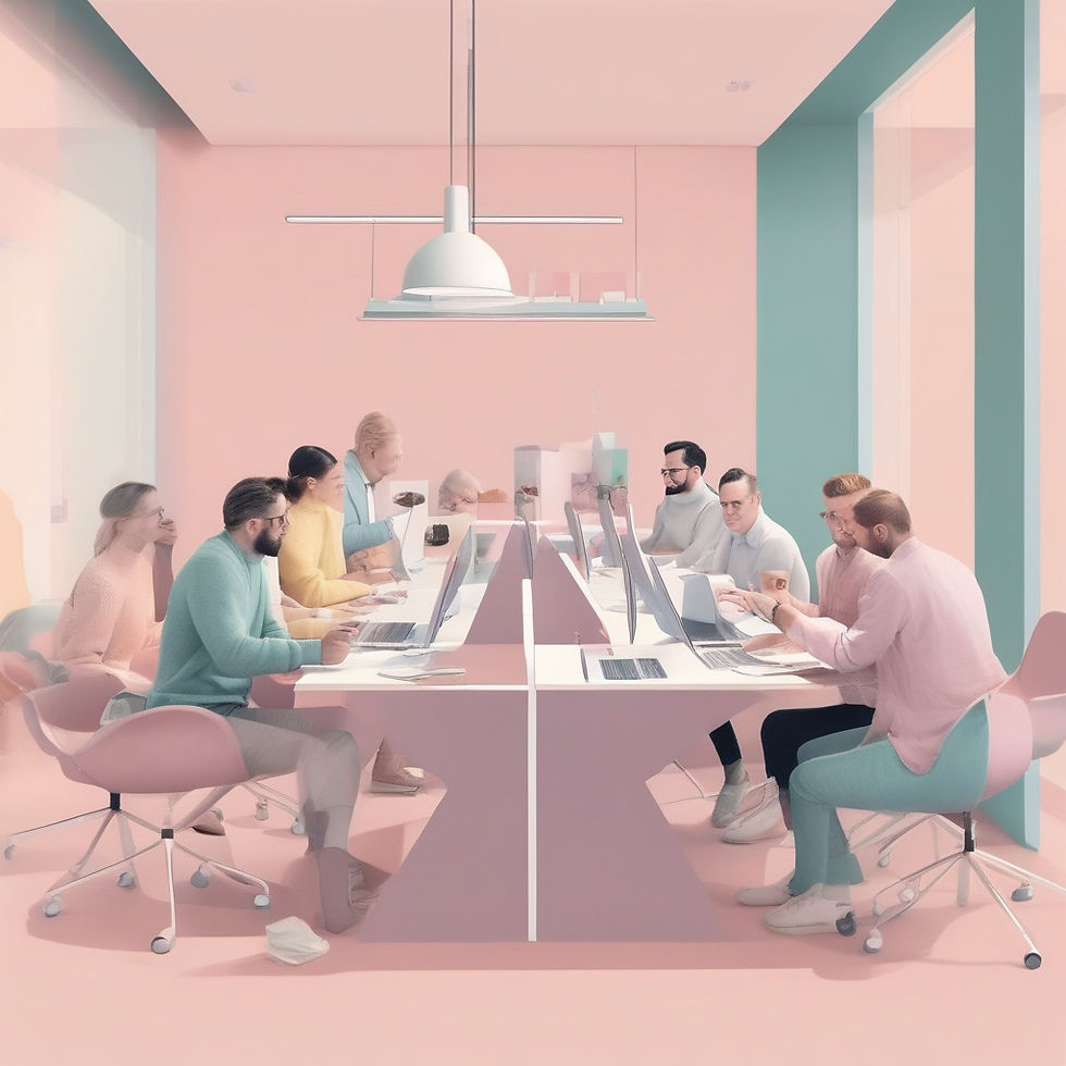 3D AI image of a group of people sitting in a workspace.