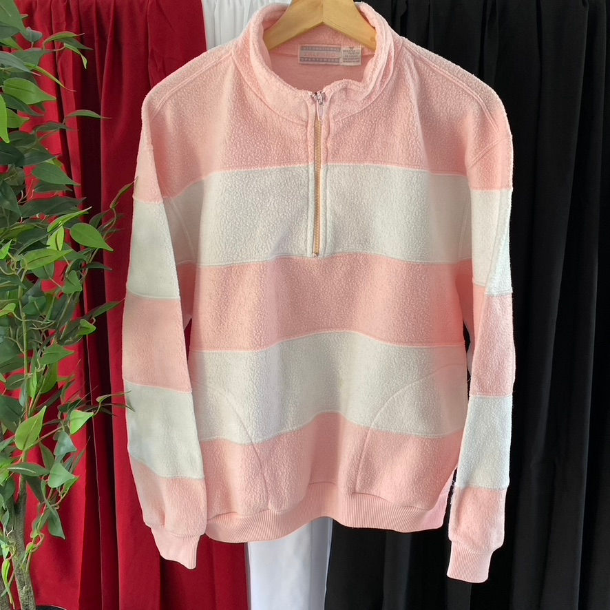 VINTAGE STRIPED FLEECE PULLOVER PINK