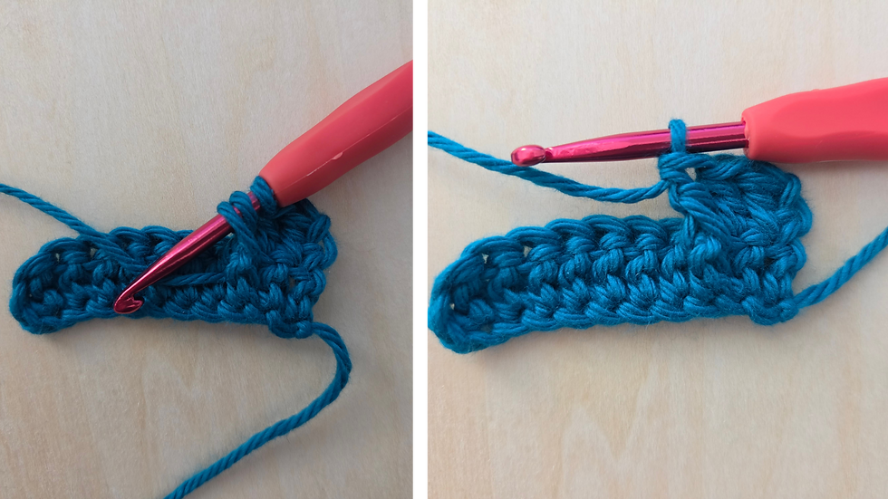 Two steps showing how to insert the hook around the post and complete a Front Post Double Crochet.