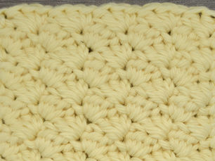 Close-up of yarn worked in the Sedge Stitch with grouped Single Crochet, Half Double Crochet, and Double Crochet stitches.