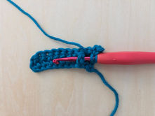 Crochet hook inserted around the post of a teal Double Crochet Stitch.