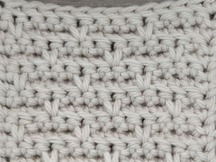 Close-up of yarn crocheted in the Basket stitch, showing alternating Back Loop Single Crochet ridges divided by vertical spike stitches.